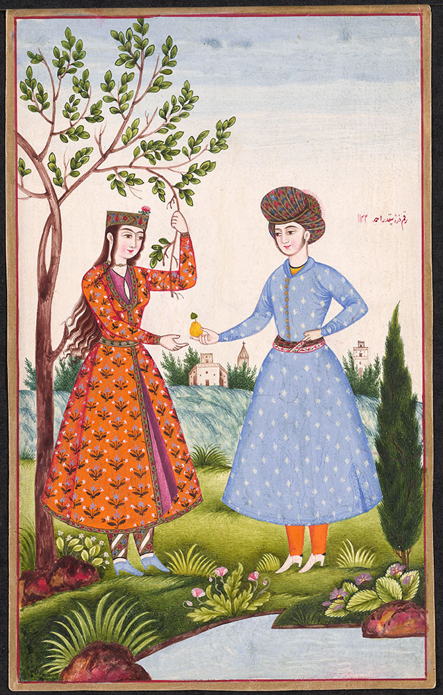 Painting of a Man Offering Fruit to a Woman Under a Tree