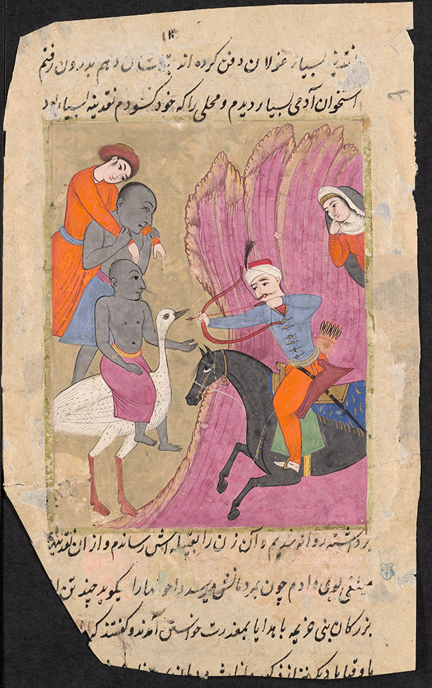 Illustration of a Man on Horseback Shooting an Arrow at a Man Riding a Large Bird