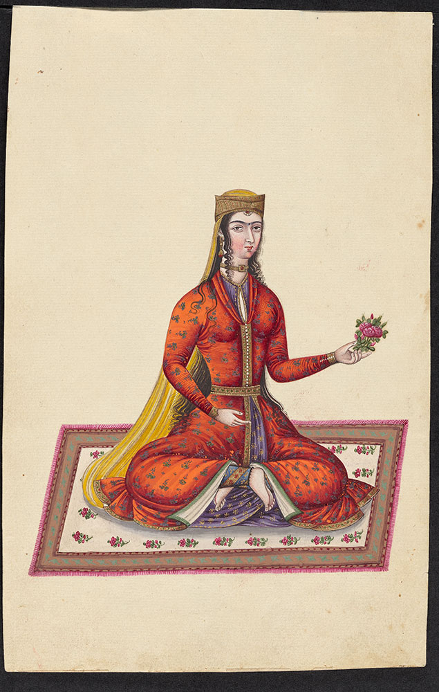 Portrait of a Woman Sitting on a Rug Holding a Bouquet