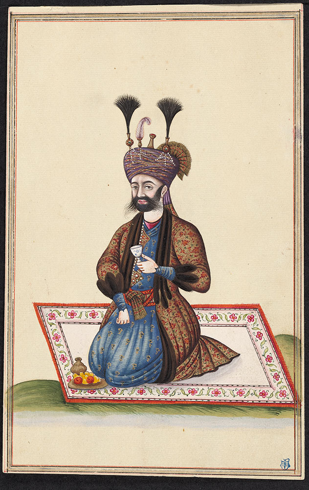 Portrait of a Man Sitting on a Rug with a Plate of Fruit