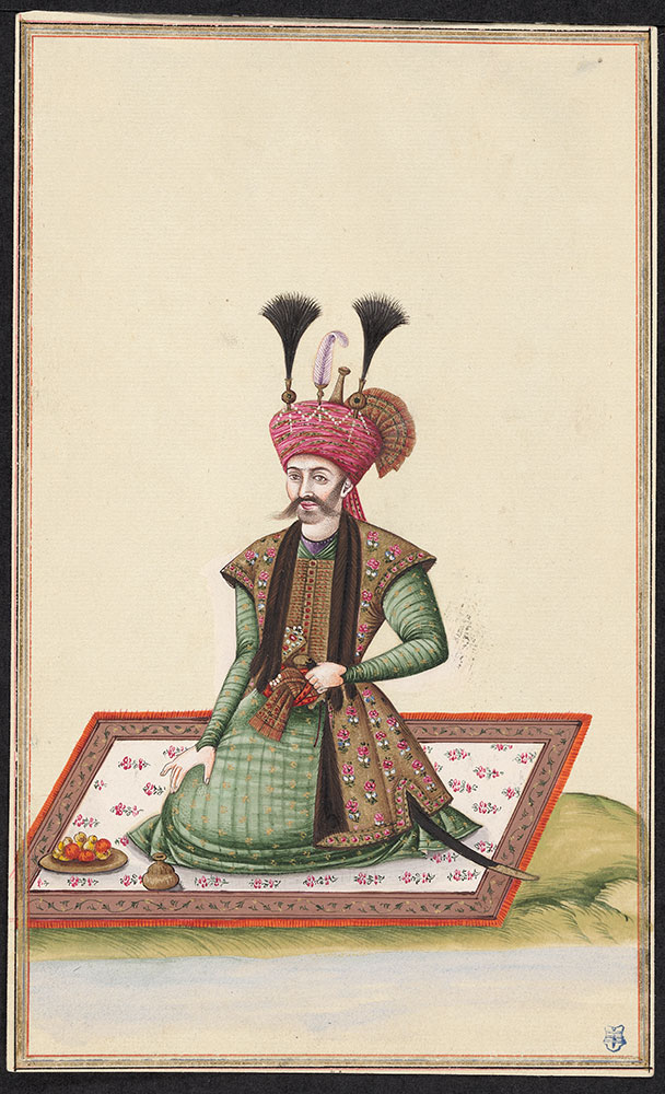 Portrait of a Man in a Pink Turban Sitting with a Plate of Fruit
