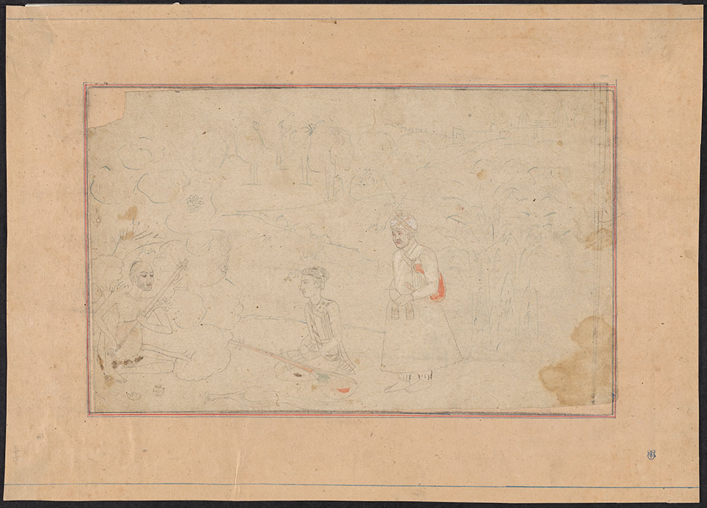 Unfinished Drawing of Emperor Akbar with Two Musicians