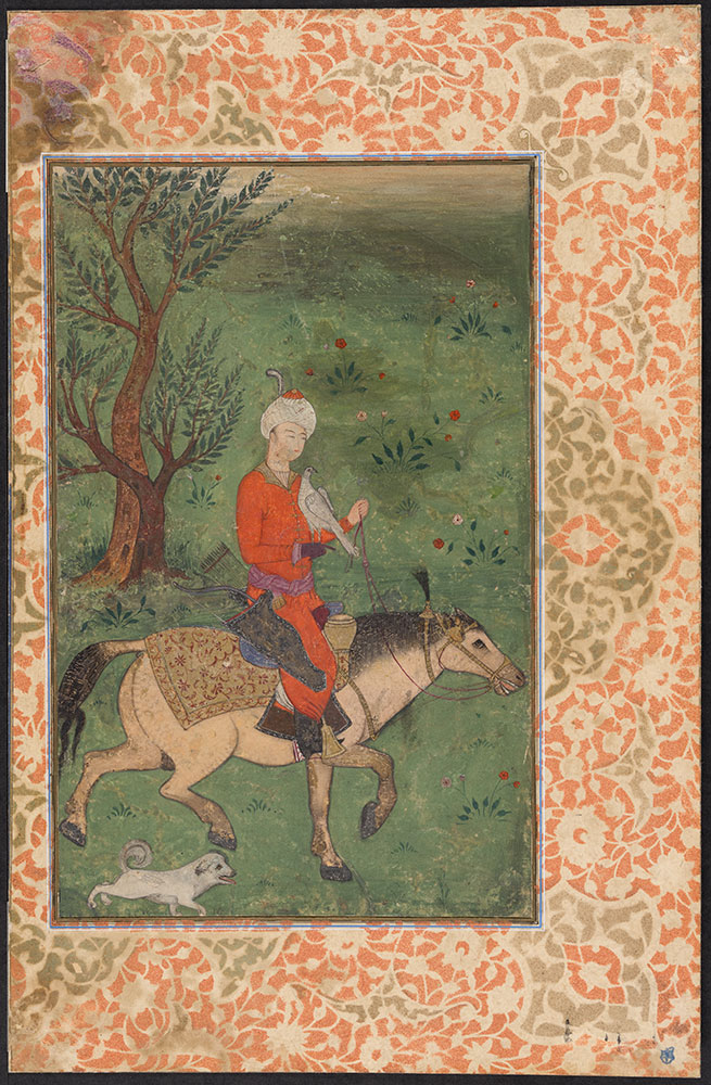 A Prince Hunting on Horseback with His Falcon and Dog