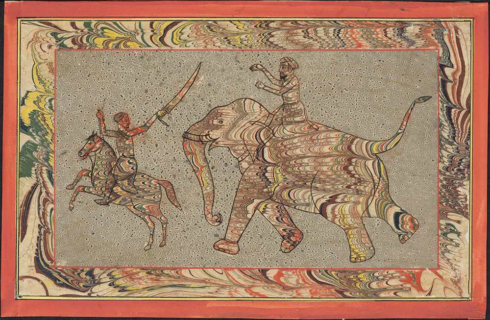 Marbled Paper Drawing of a Fight between a Man Riding an Elephant and a Man on Horseback