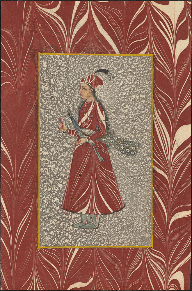 Marbled Paper Portrait of a Lady Carrying a Peacock