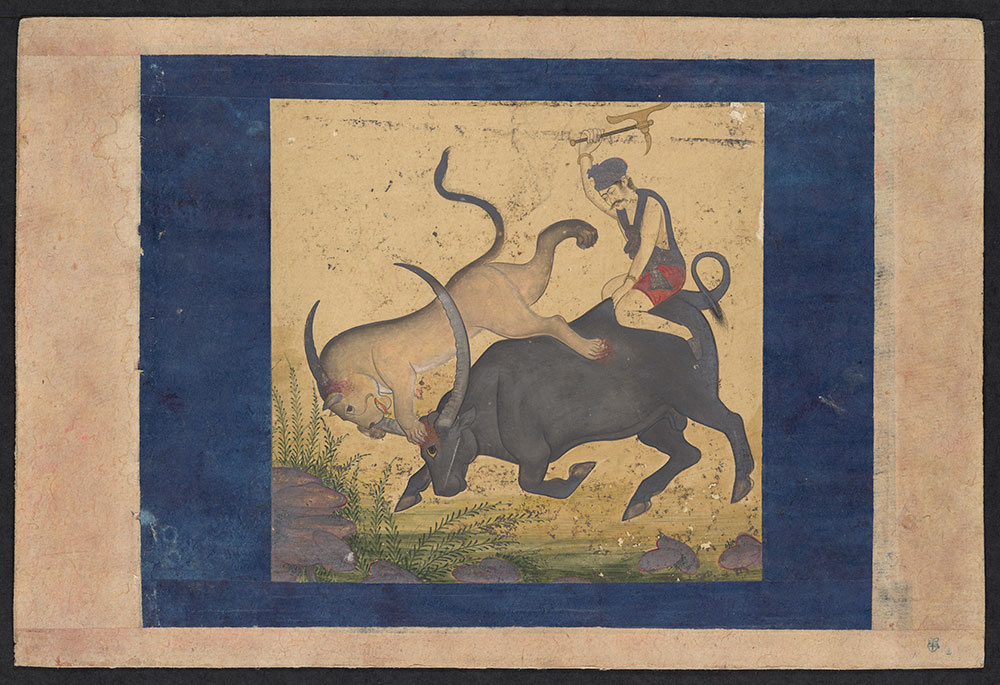 Painting of a Man Riding a Bull Fighting a Lion