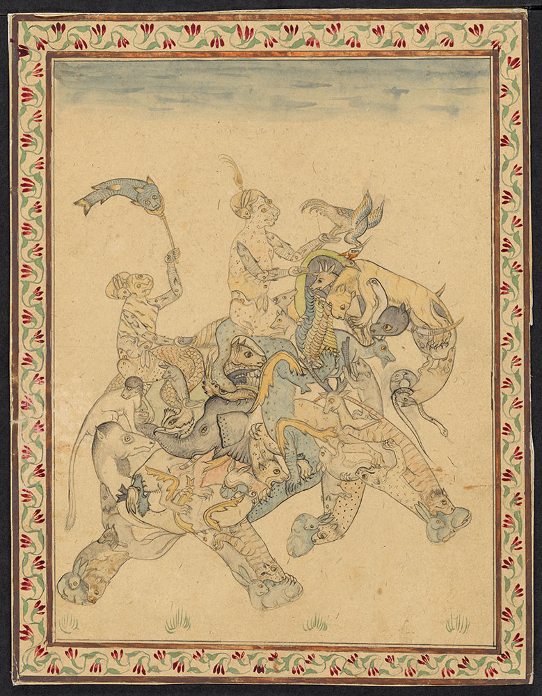 Drawing of Two Demons Riding a Composite Elephant
