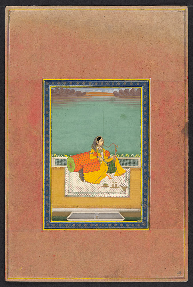Portrait of a Woman Reclining on an Orange Cushion with a Hookah