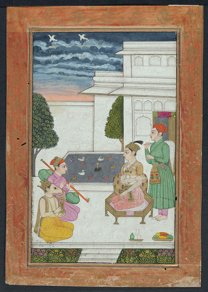 Ragamala Painting of a Prince with a Horse-Headed Man and a Musician Playing the Veena
