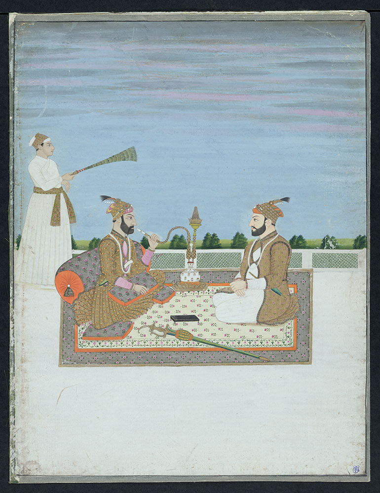 Portrait of Shuja-ud-Din Muhammad Khan and His Son Sarfaraz Khan Seated with a Hookah