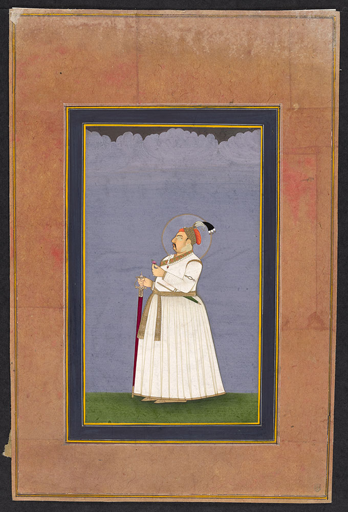 Portrait of Mughal Emperor (Ahmad Shah Bahadur?) Standing Holding a Rose