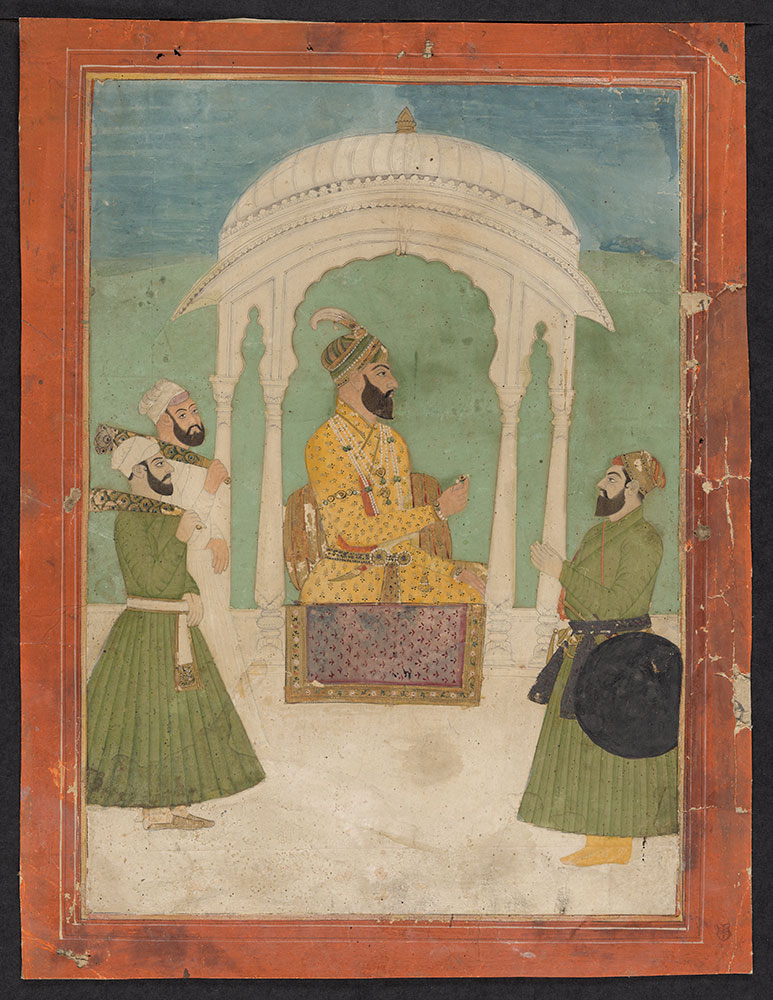 Portrait of Unidentified Mughal Emperor Under a Canopy with His Attendants