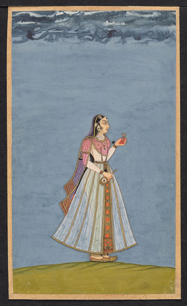 Portrait of a Woman Standing Holding a Cup and Flask