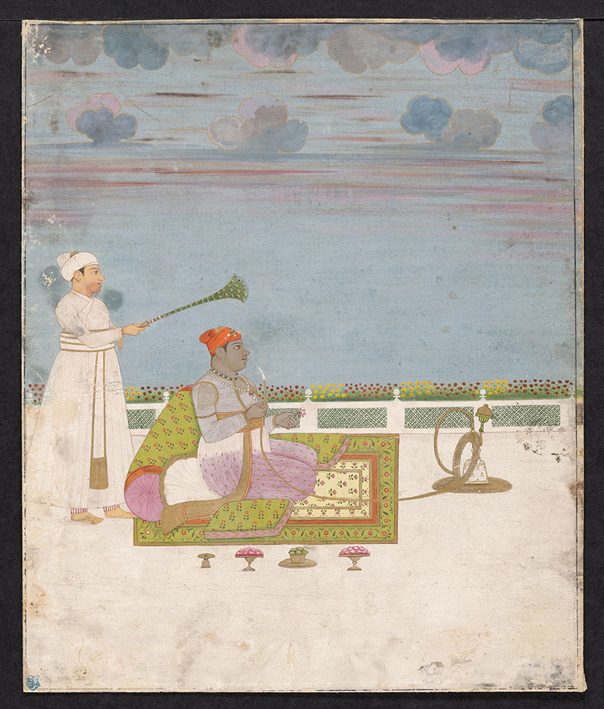 Portrait of Najm al-Dawlah with a Hookah, Being Fanned by an Attendant