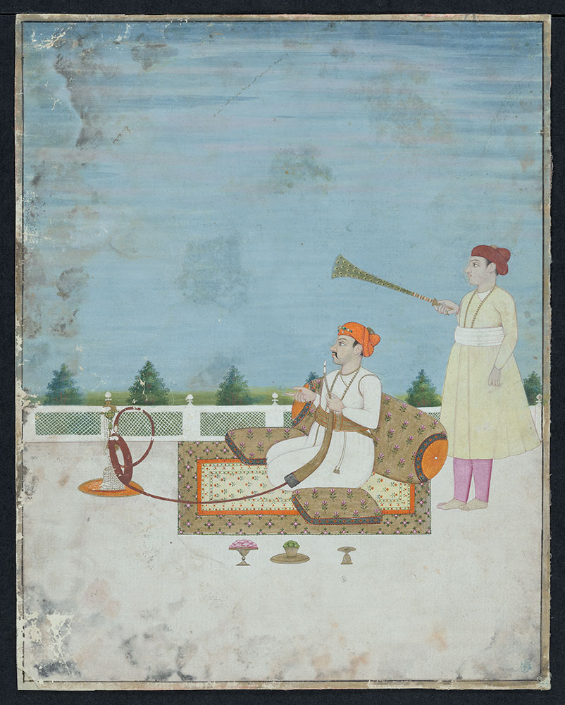 Portrait of an Unidentified Mughal Nobleman Smoking a Hookah