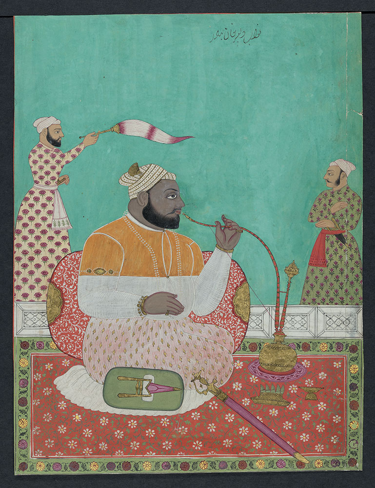 Portrait of Dilir Khan Smoking a Hookah with Two Attendants