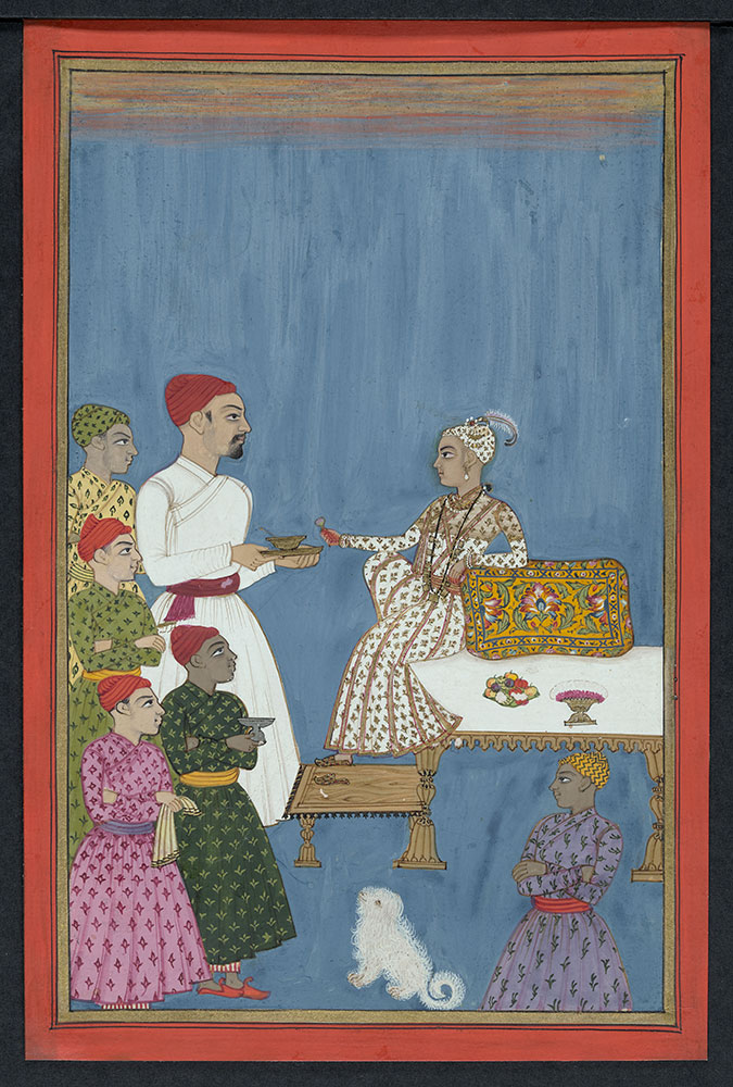 Portrait of a Rajput Prince with His Attendants and a White Dog