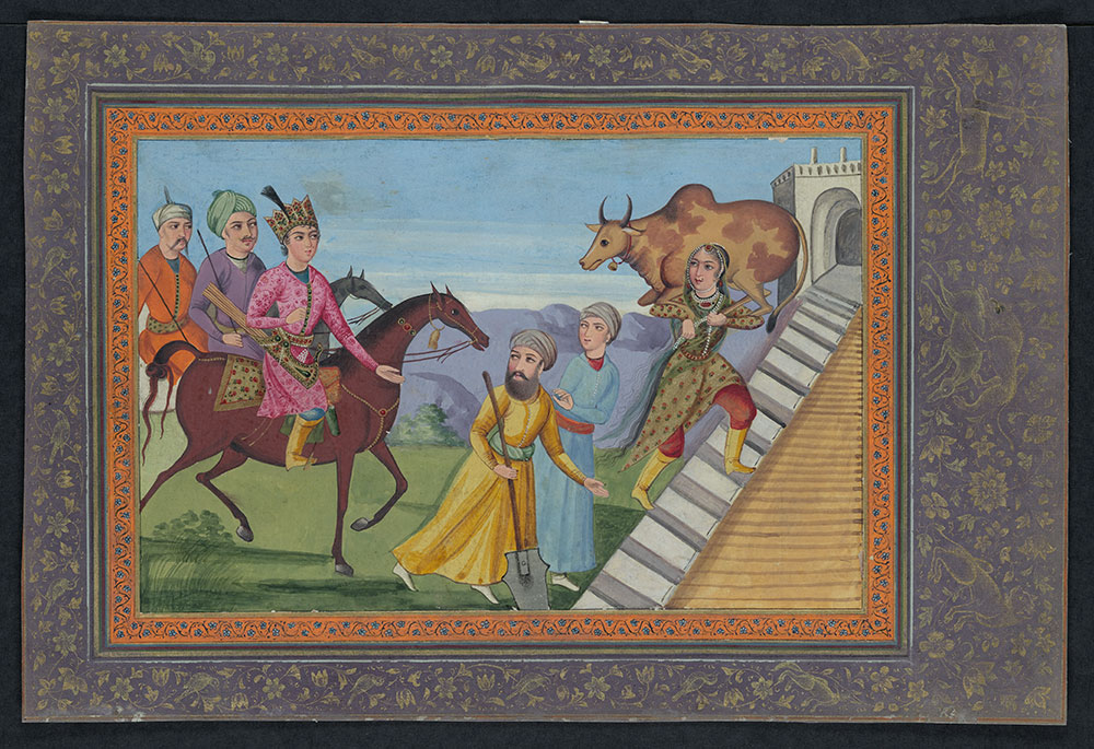 Illustration of a Woman Carrying a Cow, Impressing Bahram Gur