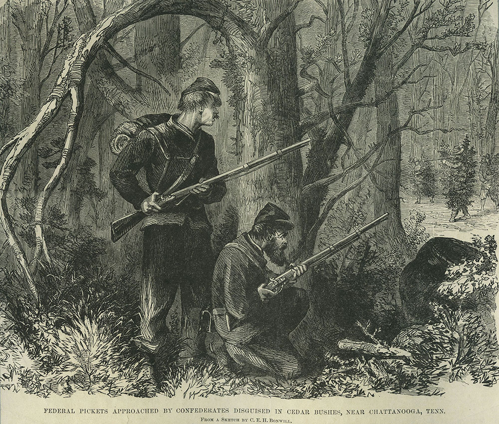 Federal Pickets Approached by Confederates Disguised in Cedar Bushes, Near Chattanooga, Tenn.