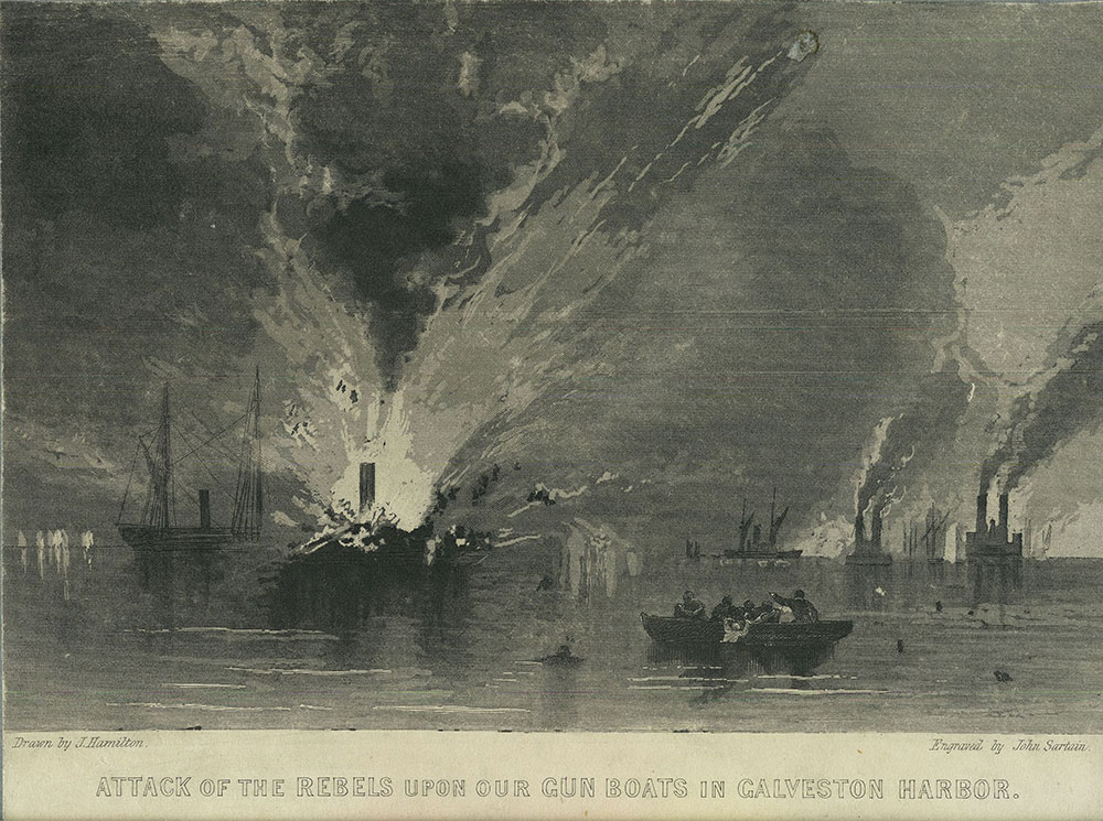Attack of the Rebels Upon Our Gun Boats in Galveston Harbor