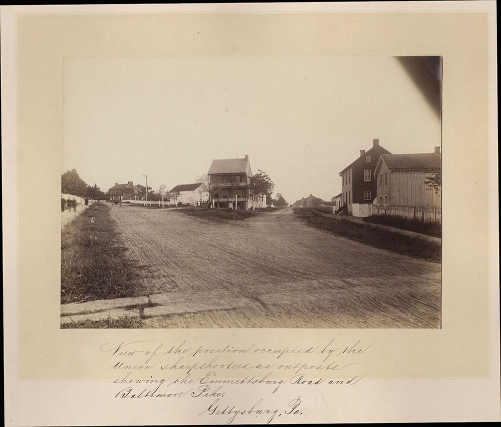 View of the position occupied by the Union sharpshooters as outposts showing the Emmettsburg Road and Baltimore Pike.