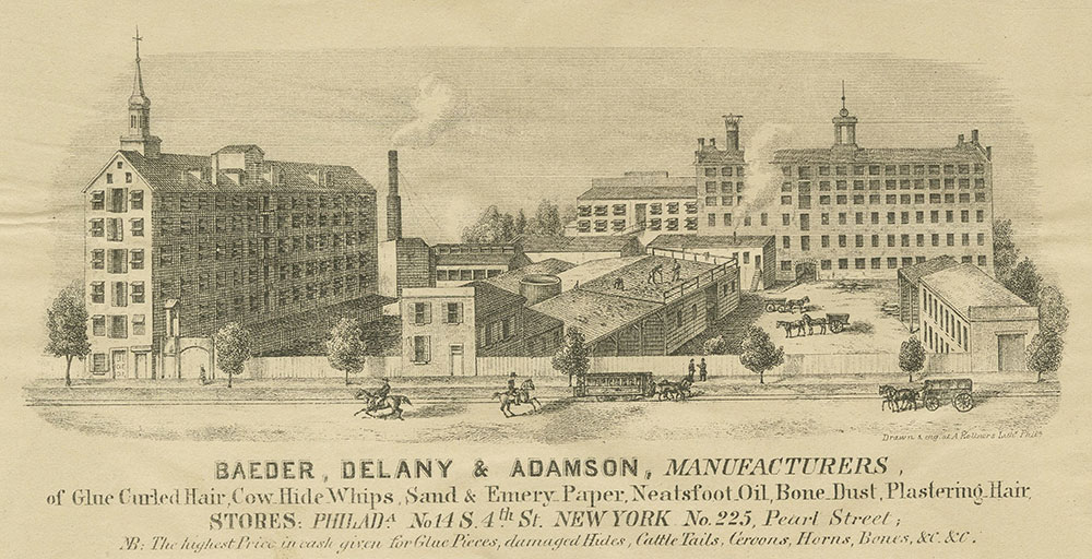 Baeder, Delany & Adamson, manufacturers of glue curled, cow hide whips, sand & emery paper, neatsfoot, oil, bone, dust, plastering hair. [graphic]