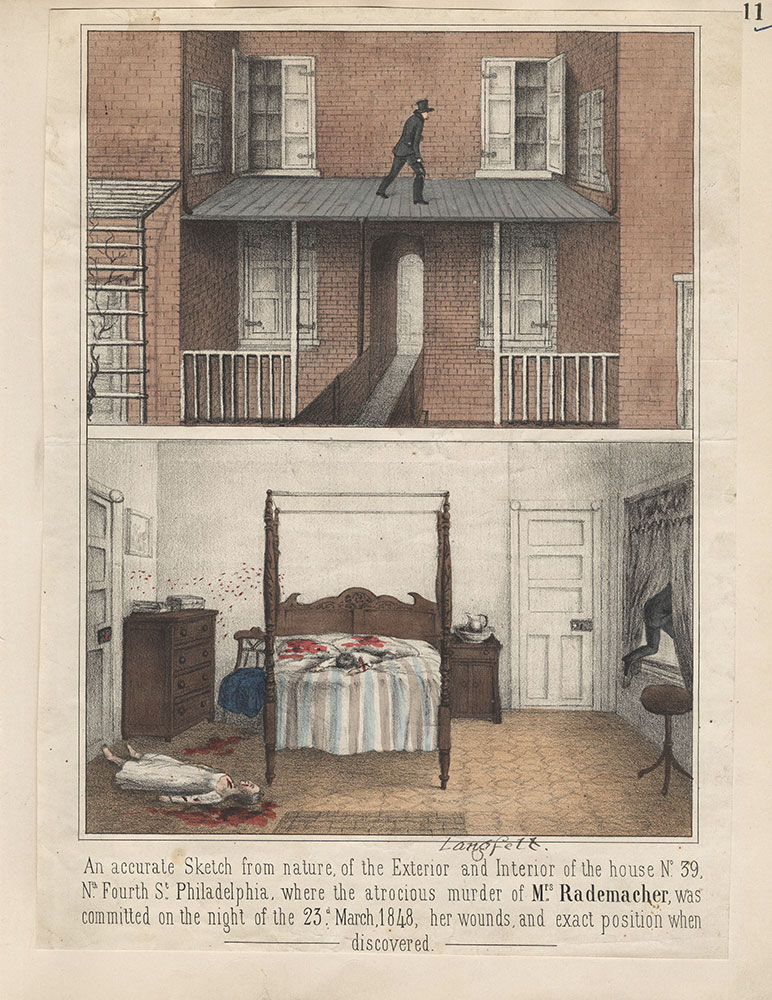 An accurate sketch from nature, of the exterior and interior of the house no. 39, Nth. Fourth St. Philadelphia, where the atrocious murder of Mrs. Rademacher was committed on the night of the 23d, March 1848, her wounds, and exact position when ...