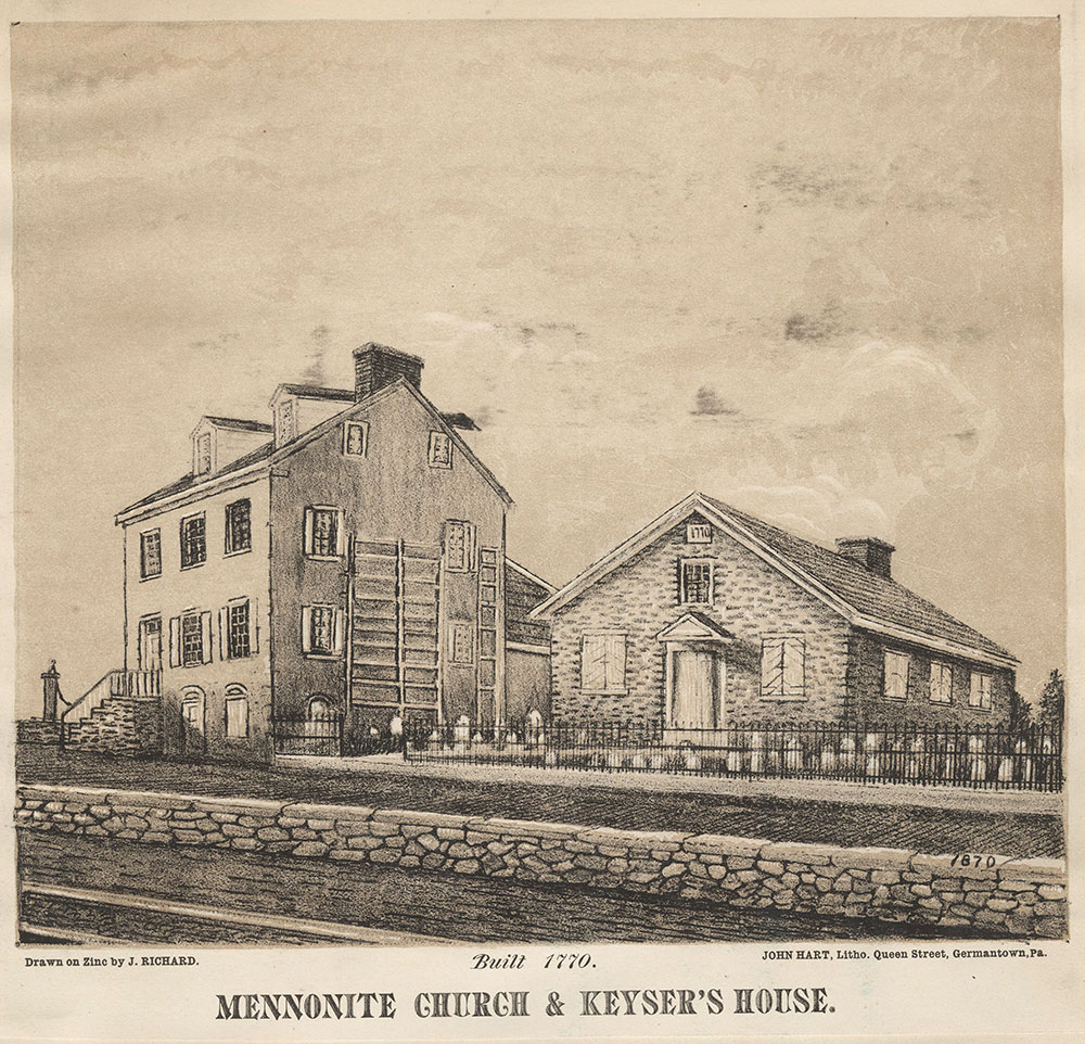 Mennonite Church & Keyser's House. [graphic] : Built 1770. / Drawn on zinc by J. Richards.