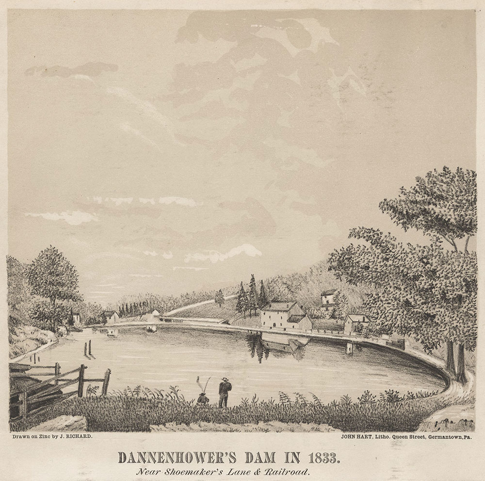 Dannenhower's [sic] Dam in 1833. Near Shoemaker's Lane & Railroad. [graphic] / Drawn on zinc by J. Richards.