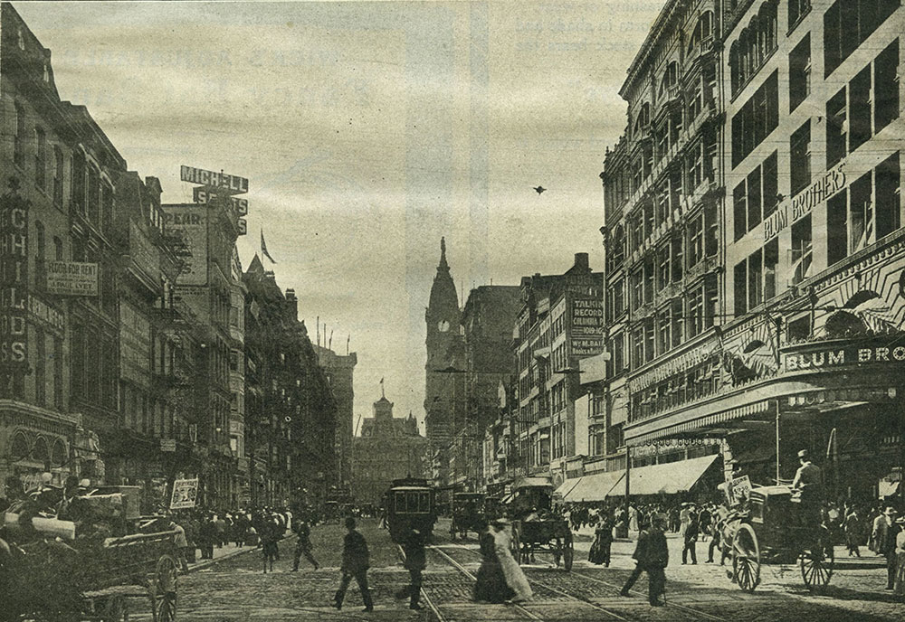 Market (High) Street, looking West from Tenth Street, as it appears in 1907.