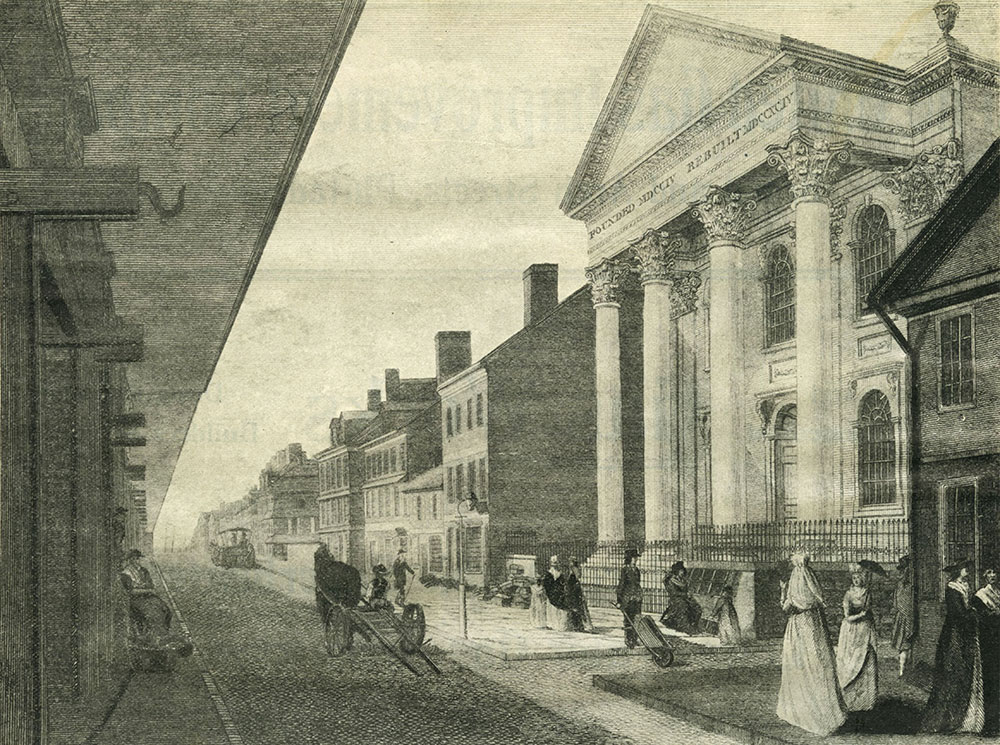 High (Market) Street, with the First Presbyterian Church, Philadelphia, in 1800.