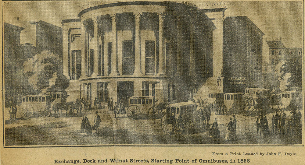 Omnibuses outside the Merchants Exchange Building.