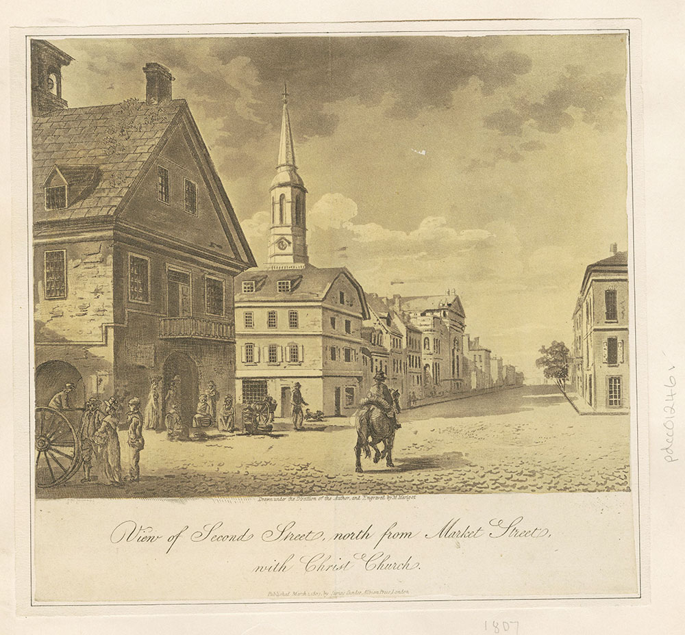 View of Second Street, north from Market Street, with Christ Church.