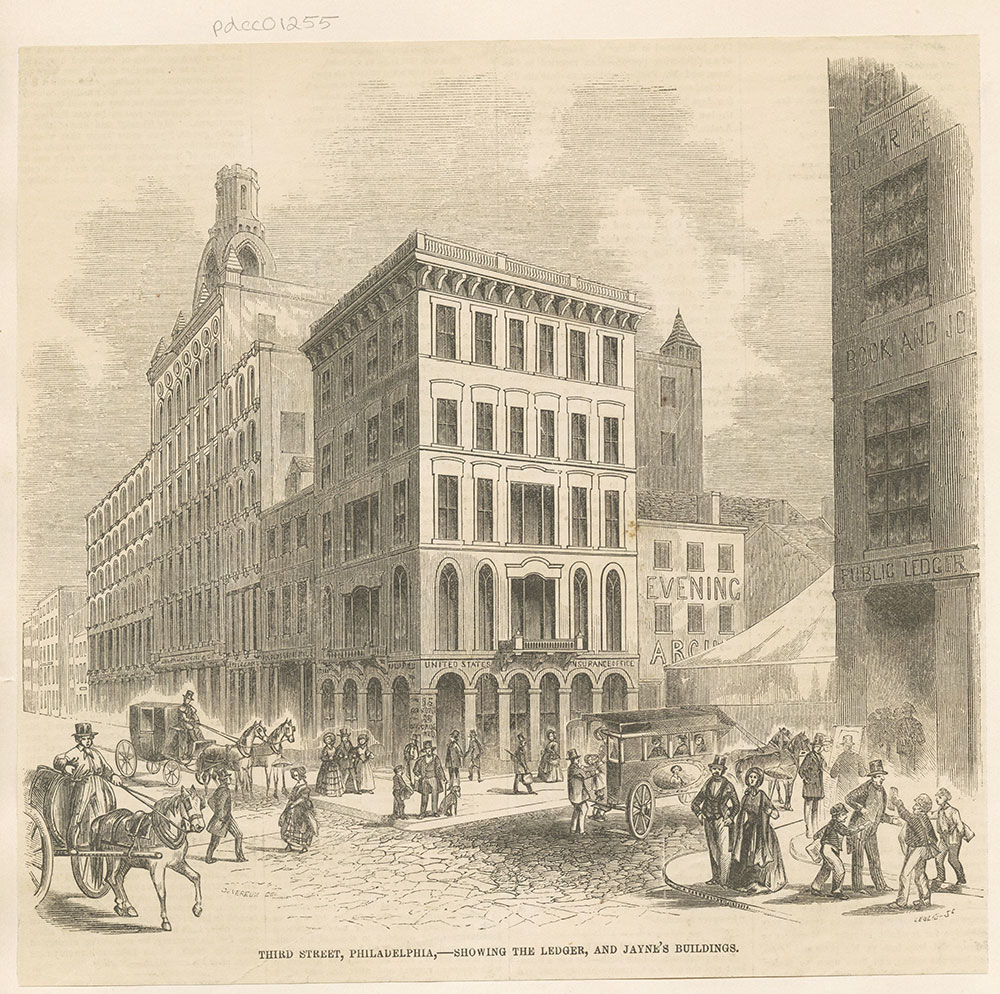 Third Street, Philadelphia, - Showing The Ledger, and Jayne's Buildings.