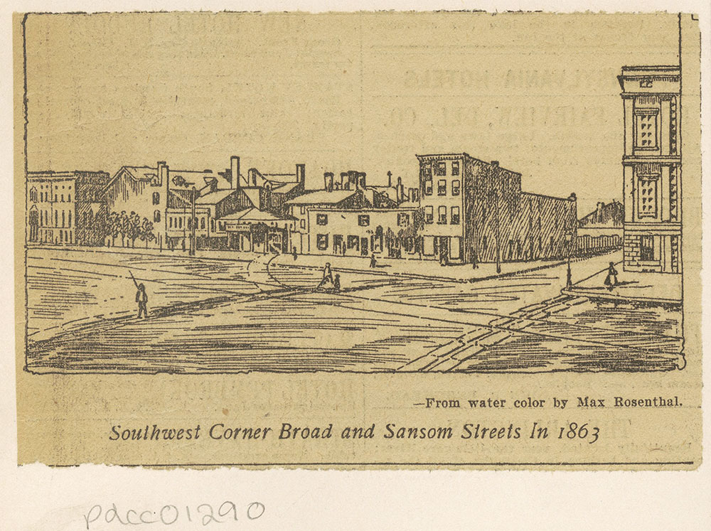Southwest corner Broad and Sansom Streets in 1863