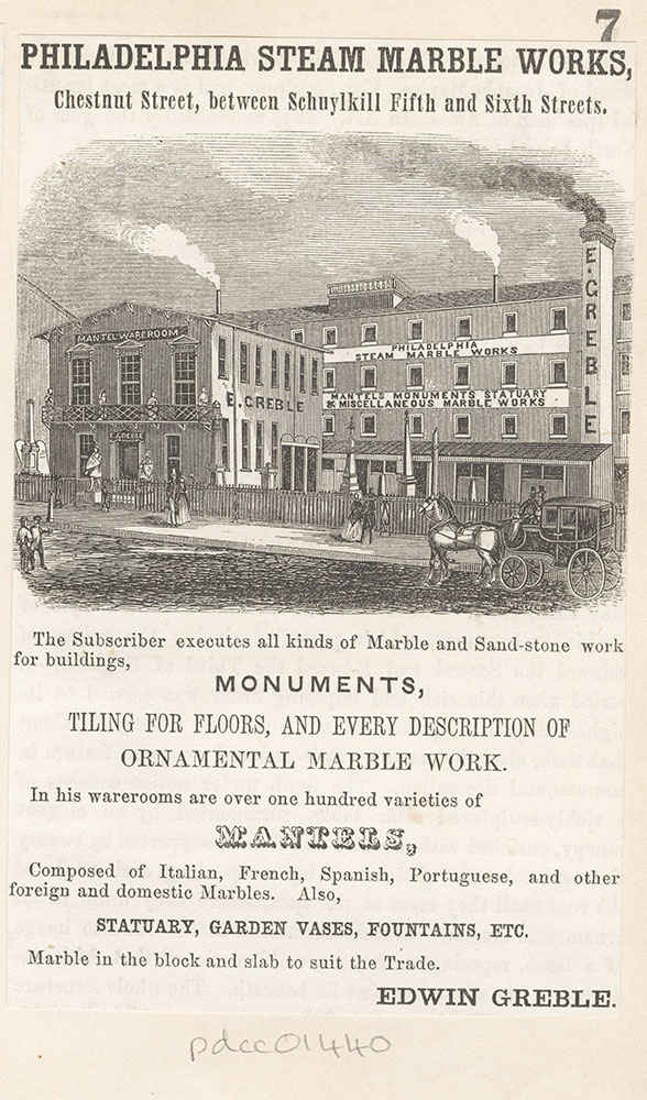 Philadelphia Steam Marble Works, Chestnut Street, between Schuylkill Fifth and Sixth Streets. Edwin Greble. [graphic]
