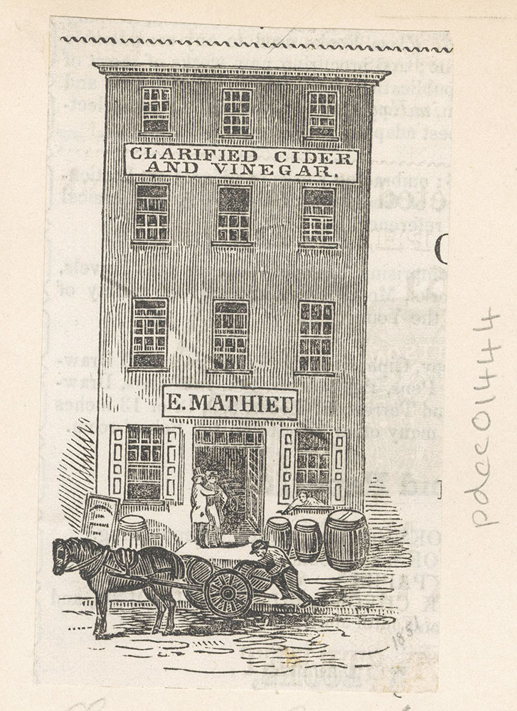 [E. Mathieu - clarified cider and vinegar. Lombard St. below 2nd] [graphic]