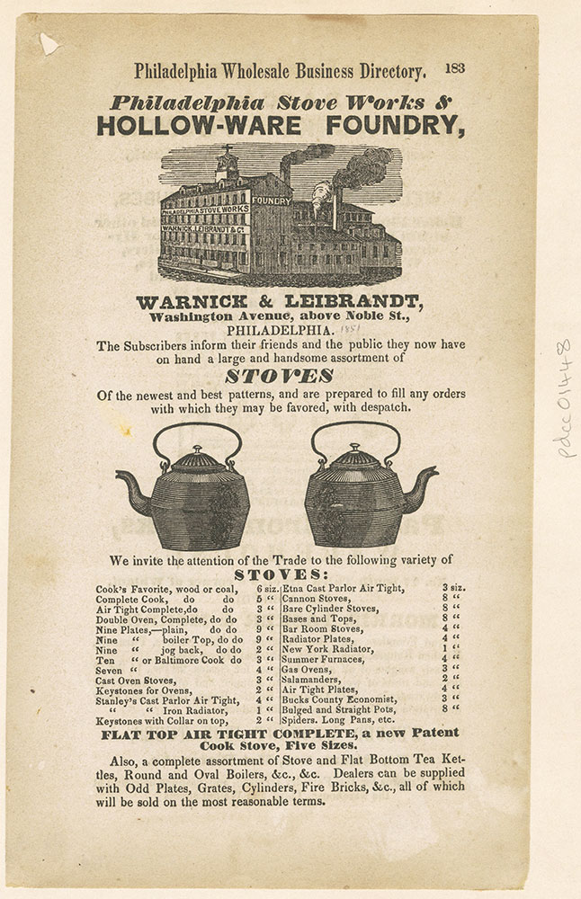 Warnick & Leibrandt's stove works & hollow-ware foundry. Washington Avenue, above Noble St. [graphic]
