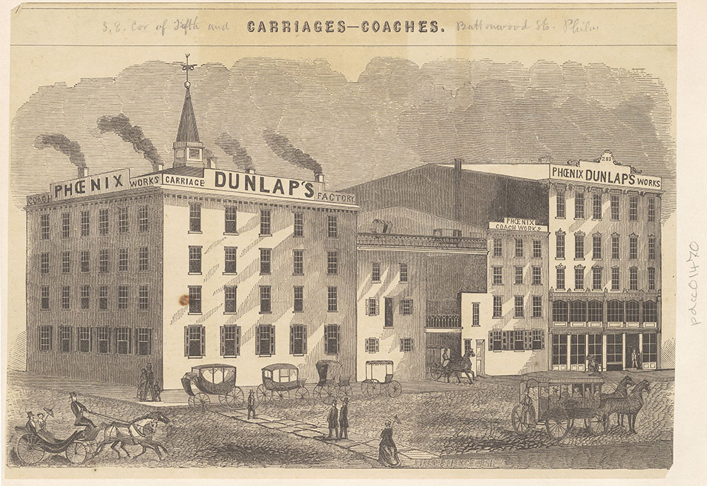 [Dunlap's Phoenix Coach Works. corner of Fifth & Buttonwood Streets] [graphic]