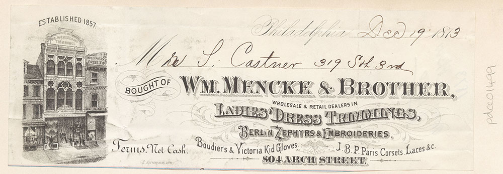 Wm. Mencke & Brother, ladies dress trimmings, 804 Arch Street. [graphic]