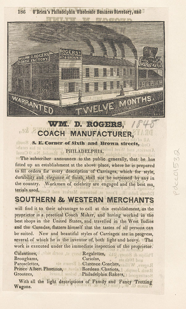 Wm. D. Rogers, coach manufacturer, S.E corner of Sixth and Brown Streets [graphic]