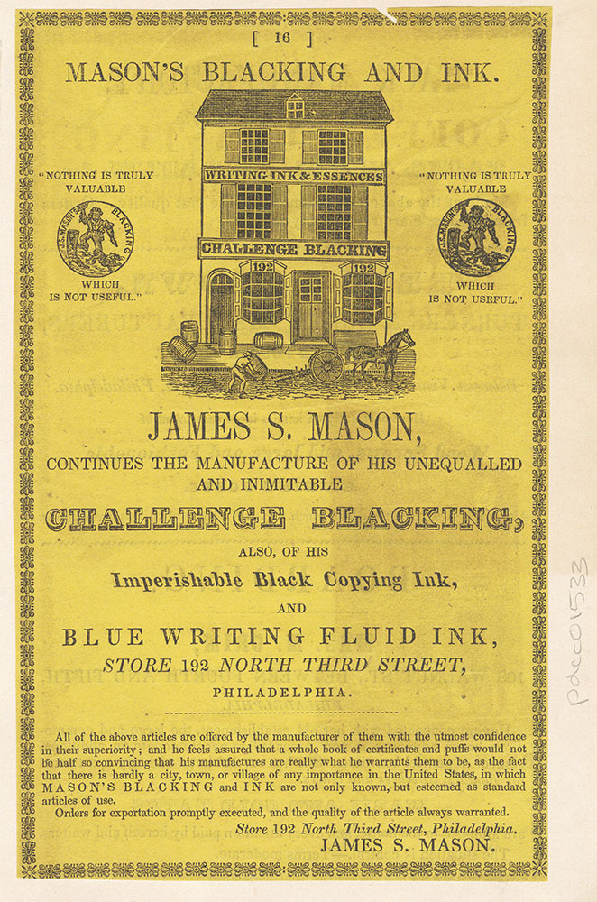 James S. Mason, blacking and ink. 192 North Third Street [graphic]