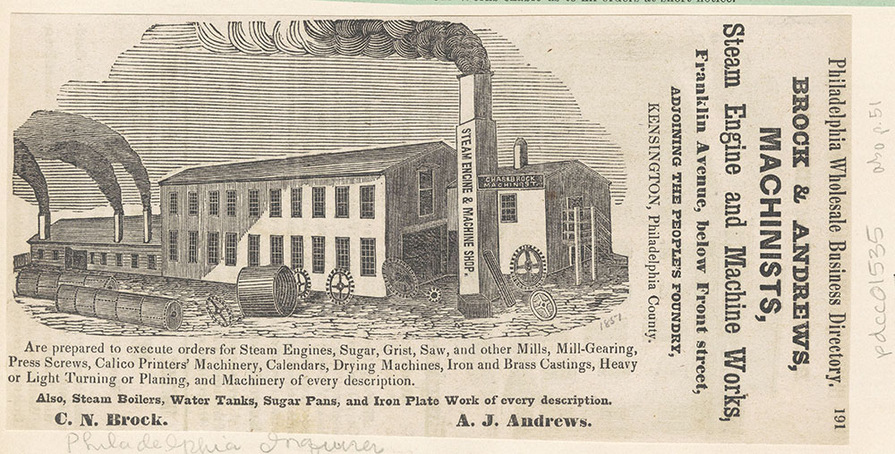 Brock & Andrews, machinists, steam engine and machine works. Franklin Ave. below Front Street [graphic]