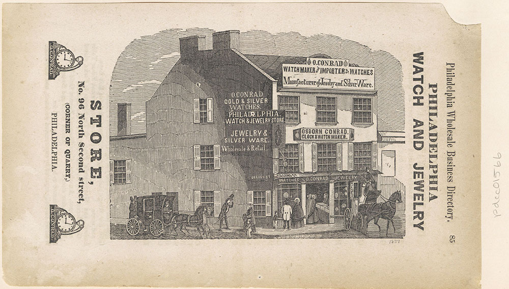 Philadelphia Watch and Jewelry Store, No. 96 North Second Street, corner of Quarry.  [Osborn Conrad clock and watchmaker] [graphic]