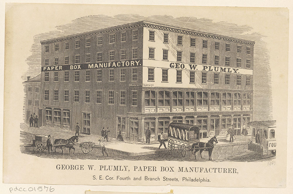 George W. Plumly, paper box manufacturer, S. E. corner of Fourth and Branch Streets [graphic]