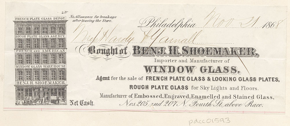 Benj. H. Shoemaker, Importer and Manufacturer of Window Glass. Bill of Sale.