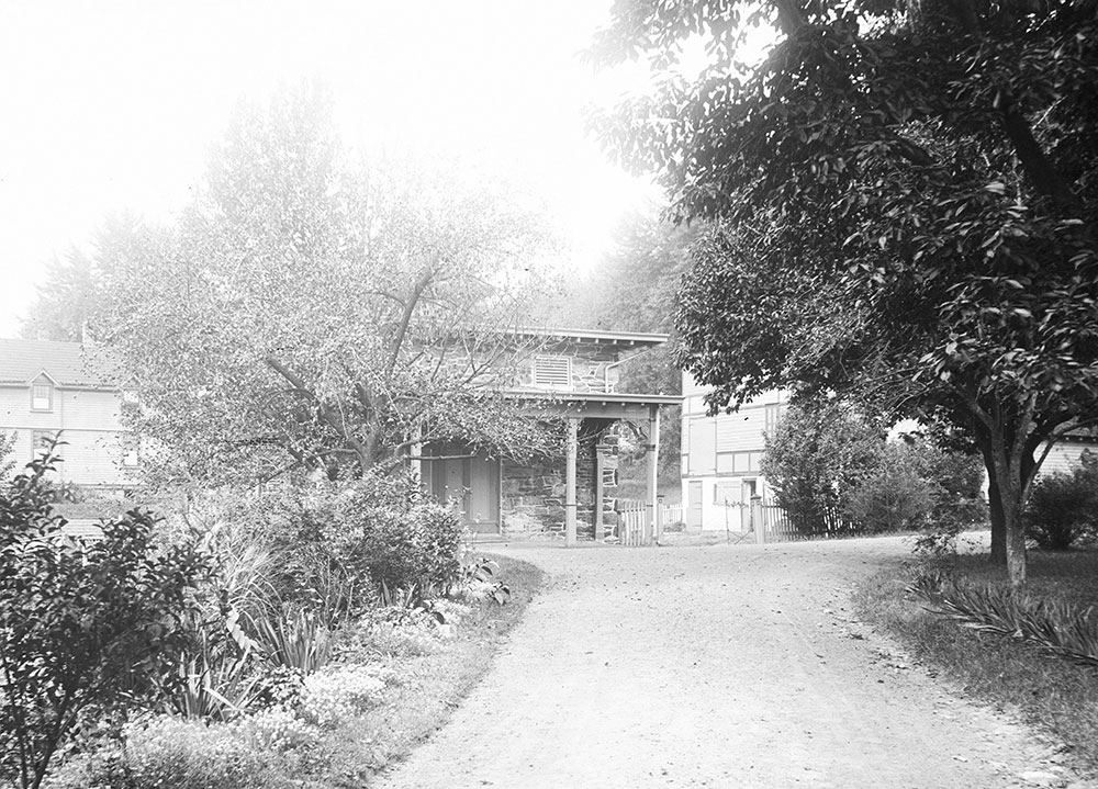 Looking towards Coach-House, showing Gardner's Cottage and Barn, 