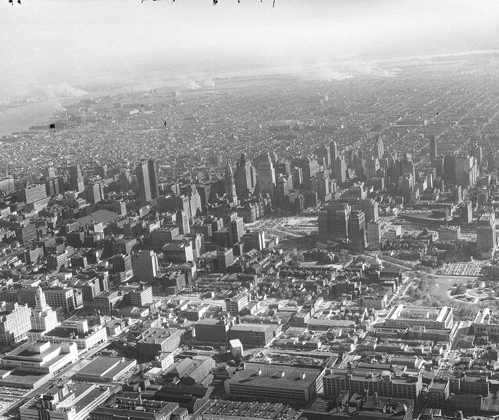 Aerial views, Philadelphia skyline looking from 30th Street