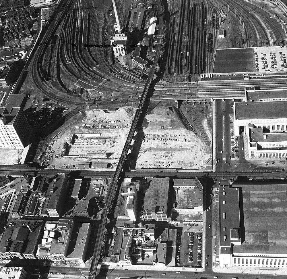 Aerial views Bulletin new building construction at 30th and Market streets