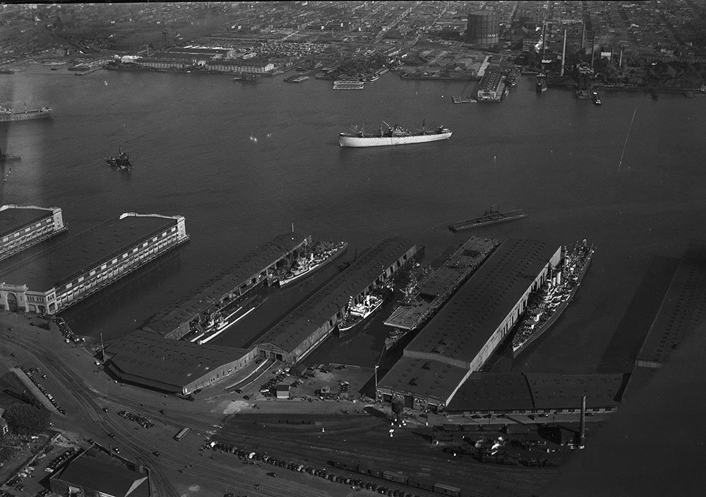 Philadelphia aerial view of port ships on view here for Navy Day
